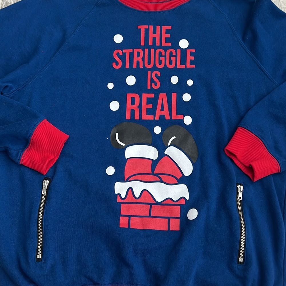 Doe‎ The Struggle is Real Holiday Graphic Sweater Juniors Size L Large Blue Red